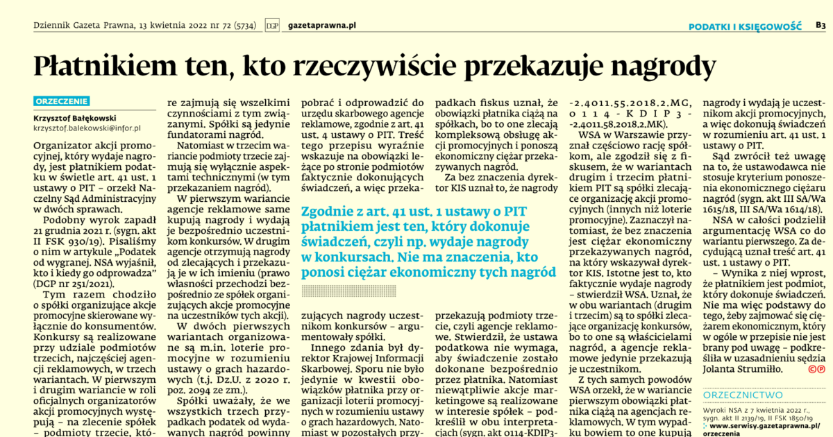Kto jest płatnikiem podatku zryczałtowanego? Ważne orzeczenie NSA. - Tomasz Makaruk